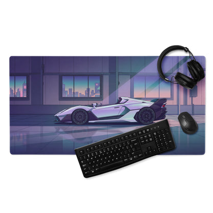 Lamborghini SC20 Inspired White Purple Vaporwave Gaming Mouse Pad – Futuristic Supercar Garage Desk Mat with Neon Anime Motorsport Artwork