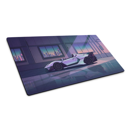 Lamborghini SC20 Inspired White Purple Vaporwave Gaming Mouse Pad – Futuristic Supercar Garage Desk Mat with Neon Anime Motorsport Artwork