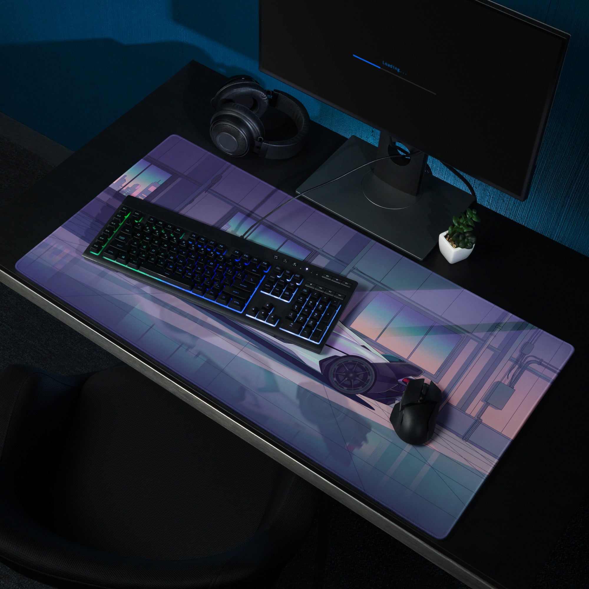 Lamborghini SC20 Inspired White Purple Vaporwave Gaming Mouse Pad – Futuristic Supercar Garage Desk Mat with Neon Anime Motorsport Artwork