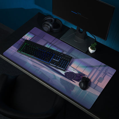 Lamborghini SC20 Inspired White Purple Vaporwave Gaming Mouse Pad – Futuristic Supercar Garage Desk Mat with Neon Anime Motorsport Artwork