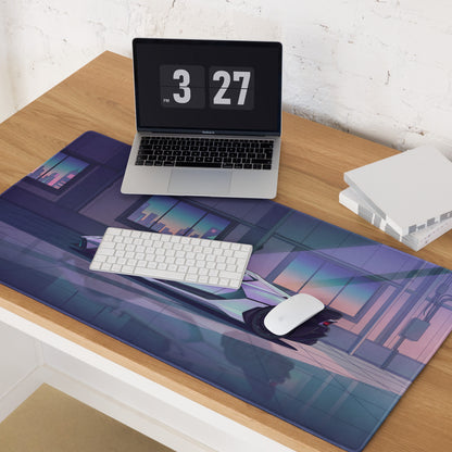 Lamborghini SC20 Inspired White Purple Vaporwave Gaming Mouse Pad – Futuristic Supercar Garage Desk Mat with Neon Anime Motorsport Artwork