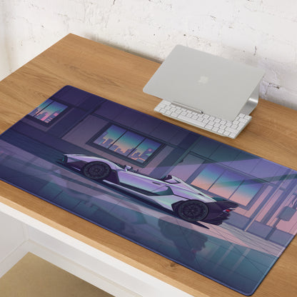 Lamborghini SC20 Inspired White Purple Vaporwave Gaming Mouse Pad – Futuristic Supercar Garage Desk Mat with Neon Anime Motorsport Artwork
