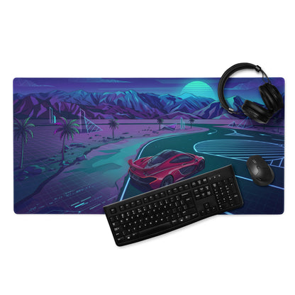 McLaren P1 Inspired Red Blue Vaporwave Gaming Mouse Pad – Neon Mountain Highway Supercar Desk Mat with Retro Futuristic Synthwave Racing Art