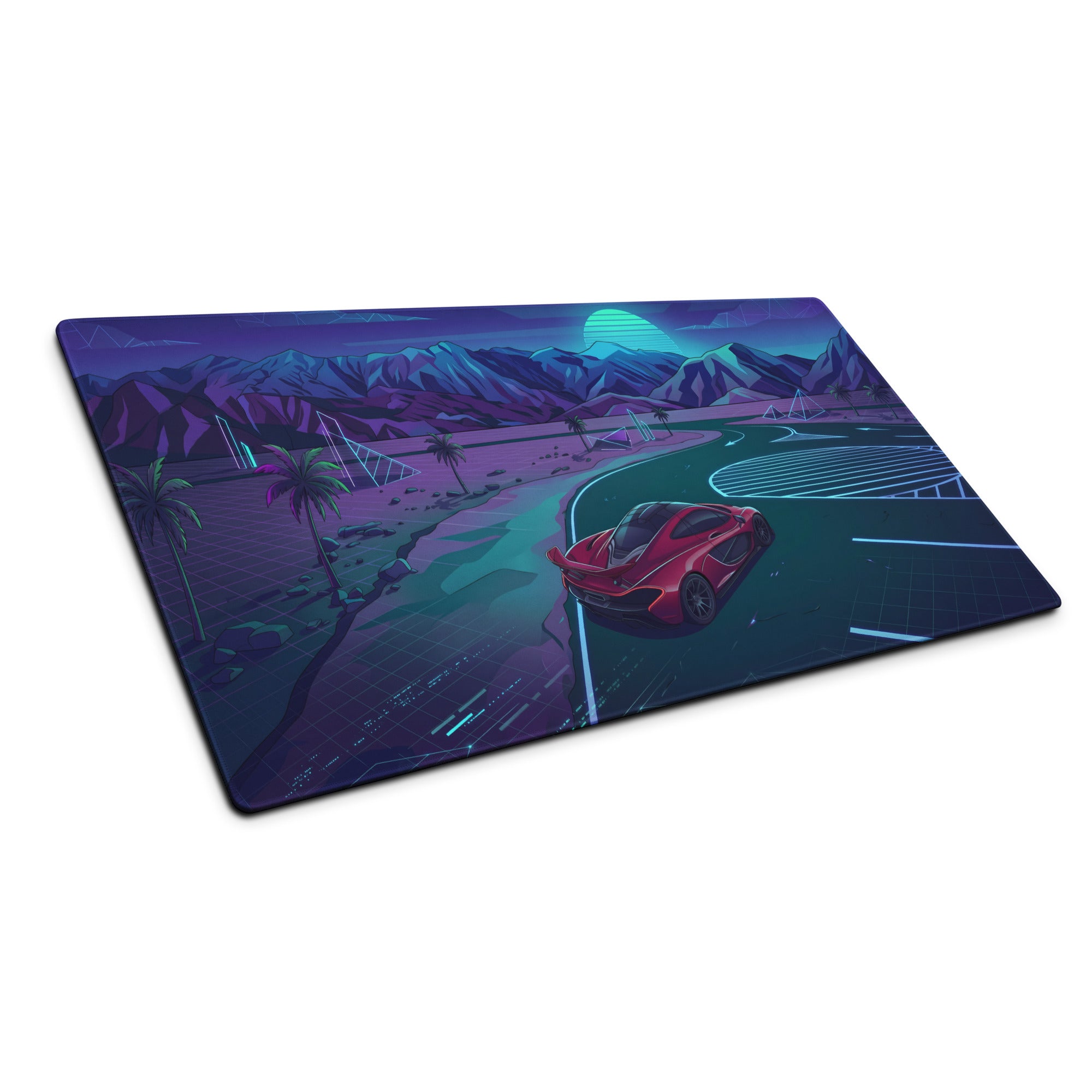 McLaren P1 Inspired Red Blue Vaporwave Gaming Mouse Pad – Neon Mountain Highway Supercar Desk Mat with Retro Futuristic Synthwave Racing Art