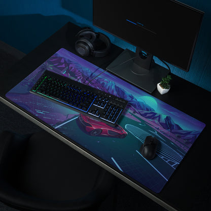 McLaren P1 Inspired Red Blue Vaporwave Gaming Mouse Pad – Neon Mountain Highway Supercar Desk Mat with Retro Futuristic Synthwave Racing Art