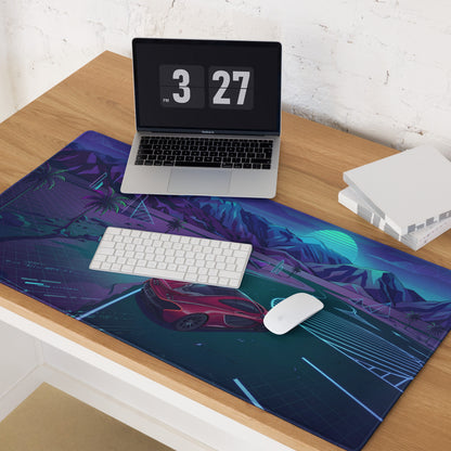 McLaren P1 Inspired Red Blue Vaporwave Gaming Mouse Pad – Neon Mountain Highway Supercar Desk Mat with Retro Futuristic Synthwave Racing Art