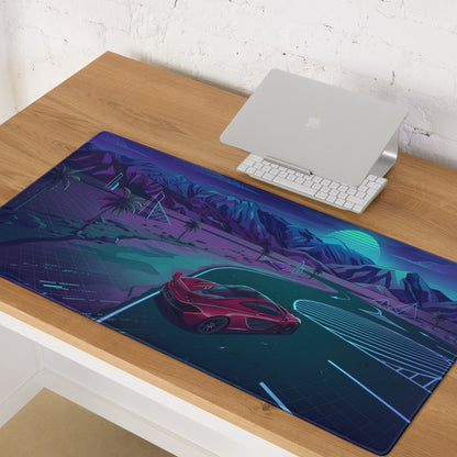 McLaren P1 Inspired Red Blue Vaporwave Gaming Mouse Pad – Neon Mountain Highway Supercar Desk Mat with Retro Futuristic Synthwave Racing Art