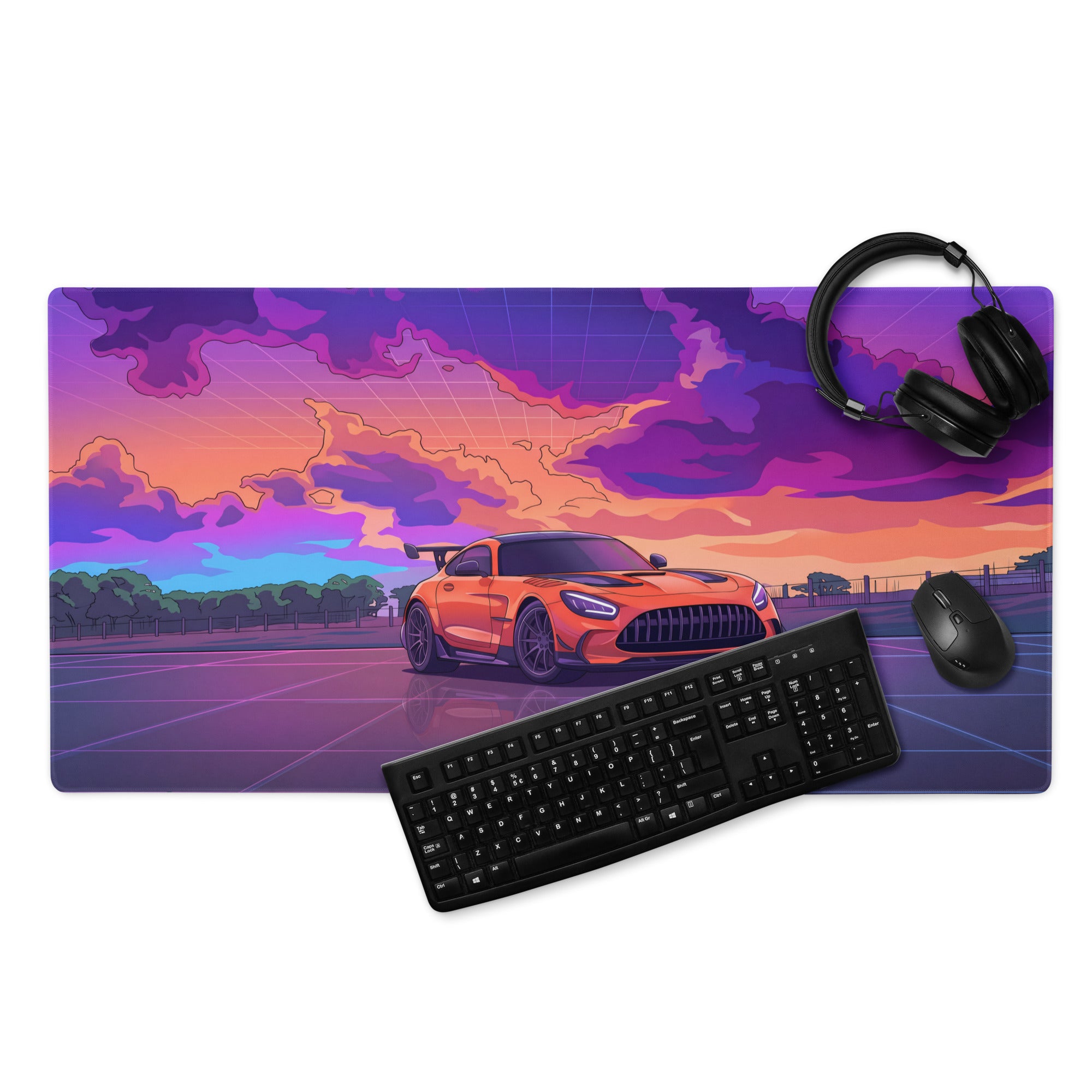 Mercedes-AMG GT3 Inspired Orange Purple Vaporwave Gaming Mouse Pad – Neon Sunset Racing Desk Mat with Retro Futuristic Synthwave Motorsport Art