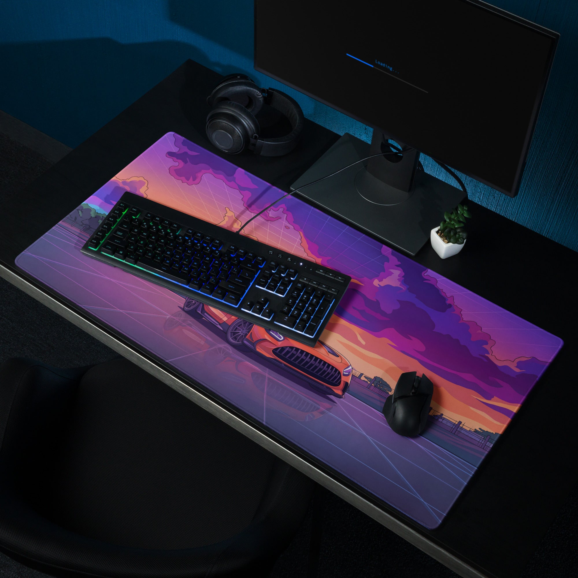 Mercedes-AMG GT3 Inspired Orange Purple Vaporwave Gaming Mouse Pad – Neon Sunset Racing Desk Mat with Retro Futuristic Synthwave Motorsport Art