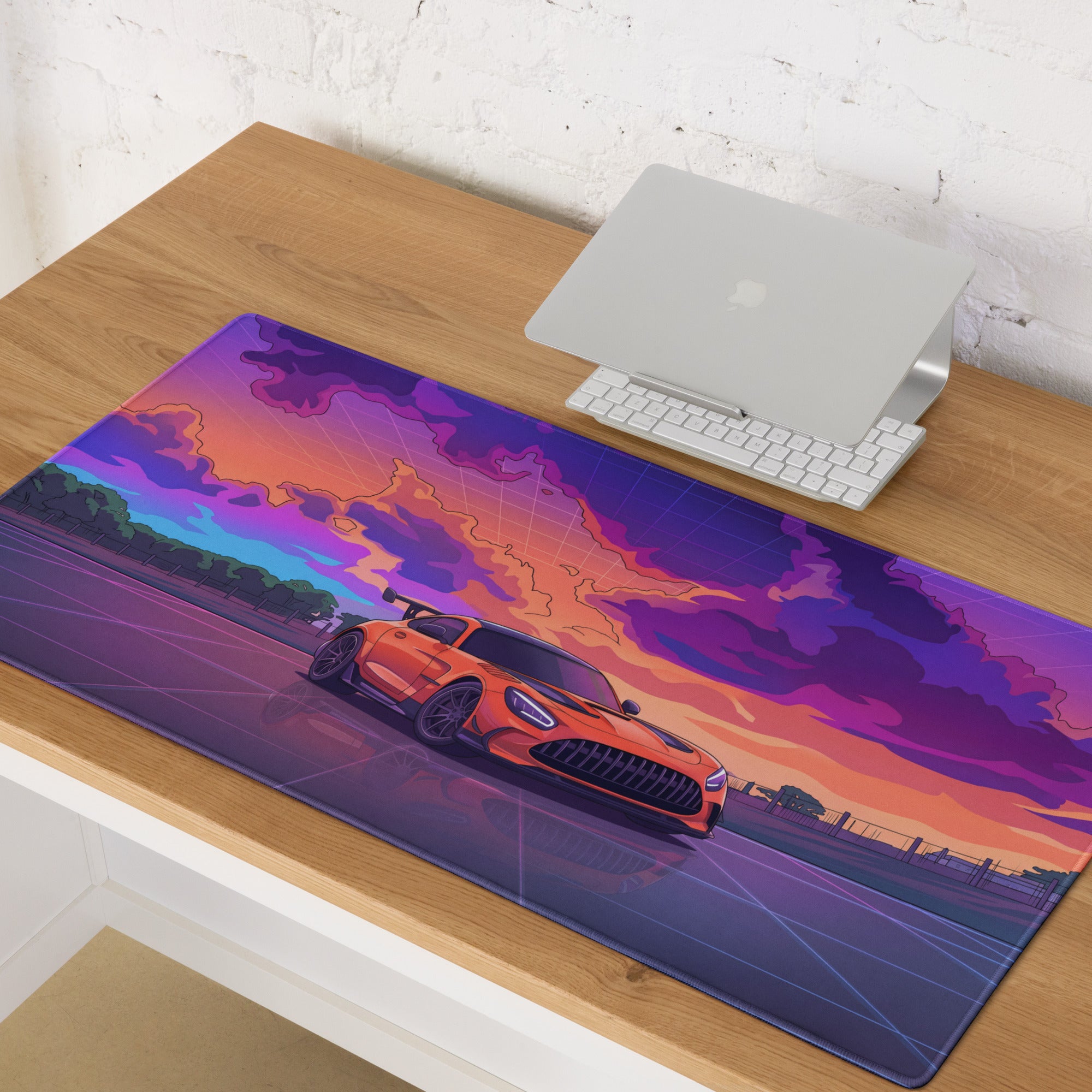 Mercedes-AMG GT3 Inspired Orange Purple Vaporwave Gaming Mouse Pad – Neon Sunset Racing Desk Mat with Retro Futuristic Synthwave Motorsport Art