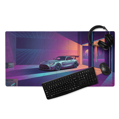 Mercedes-AMG GT3 Inspired Silver Purple Vaporwave Gaming Mouse Pad – Neon Futuristic Garage Desk Mat with Retro Synthwave Motorsport Art