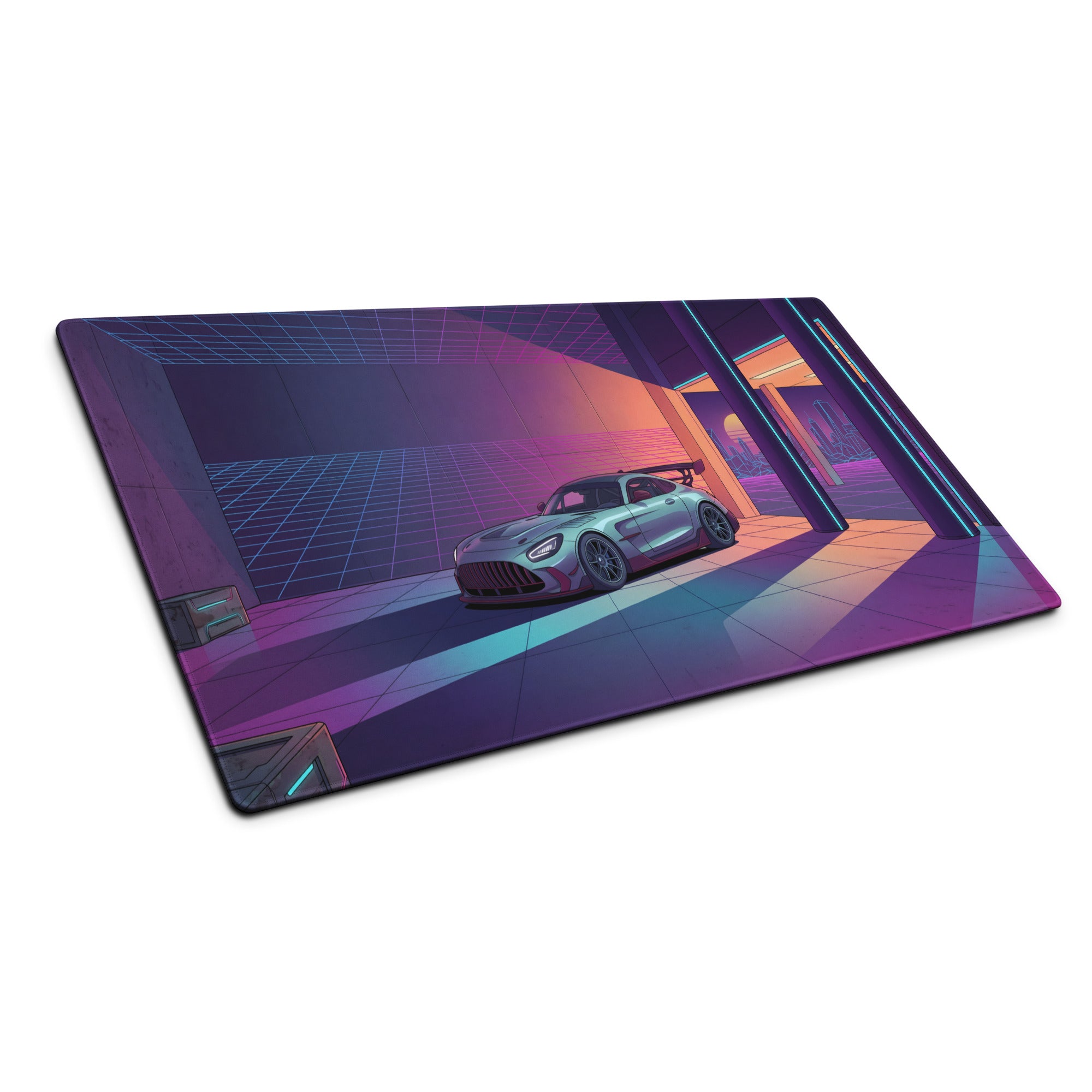 Mercedes-AMG GT3 Inspired Silver Purple Vaporwave Gaming Mouse Pad – Neon Futuristic Garage Desk Mat with Retro Synthwave Motorsport Art