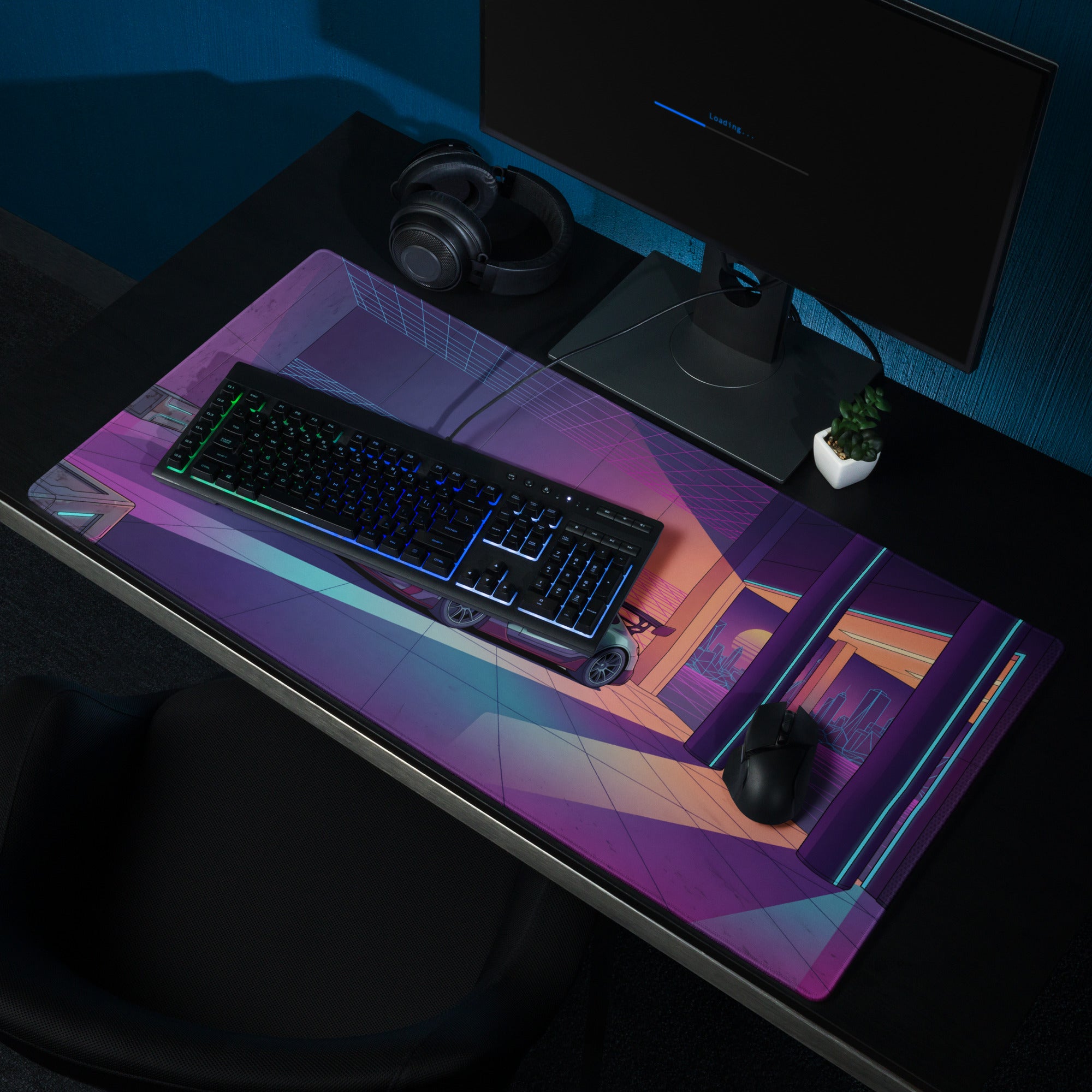 Mercedes-AMG GT3 Inspired Silver Purple Vaporwave Gaming Mouse Pad – Neon Futuristic Garage Desk Mat with Retro Synthwave Motorsport Art