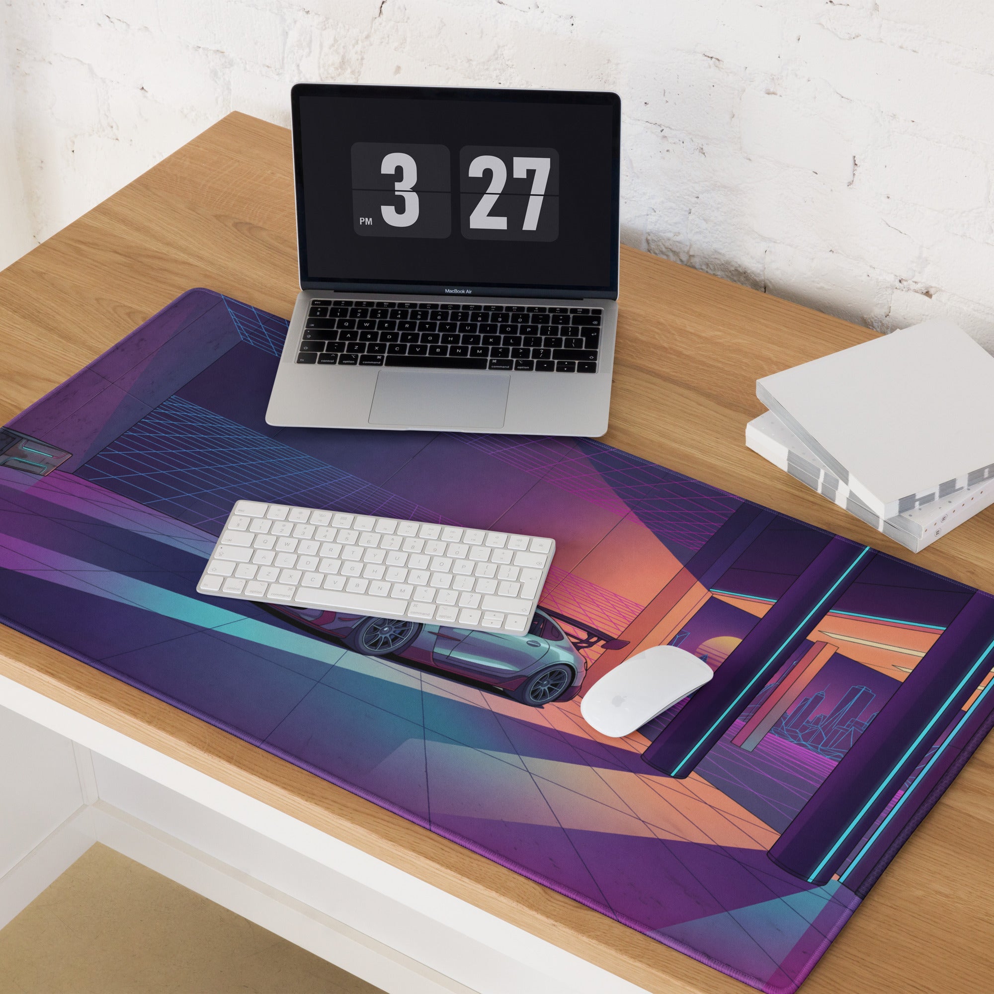 Mercedes-AMG GT3 Inspired Silver Purple Vaporwave Gaming Mouse Pad – Neon Futuristic Garage Desk Mat with Retro Synthwave Motorsport Art