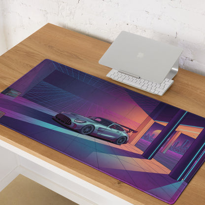 Mercedes-AMG GT3 Inspired Silver Purple Vaporwave Gaming Mouse Pad – Neon Futuristic Garage Desk Mat with Retro Synthwave Motorsport Art