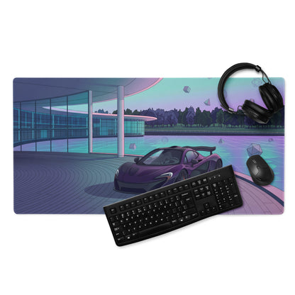 McLaren P1 Inspired Purple Cyan Vaporwave Gaming Mouse Pad – Futuristic Poolside Hypercar Desk Mat with Pastel Neon Geometric Synthwave Art