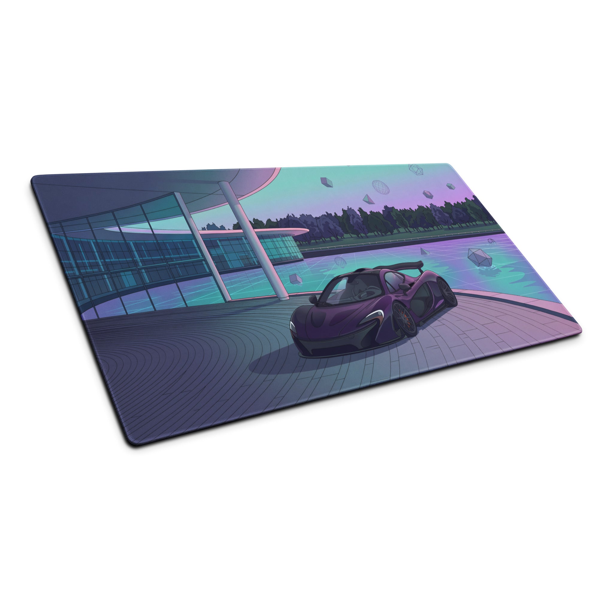 McLaren P1 Inspired Purple Cyan Vaporwave Gaming Mouse Pad – Futuristic Poolside Hypercar Desk Mat with Pastel Neon Geometric Synthwave Art