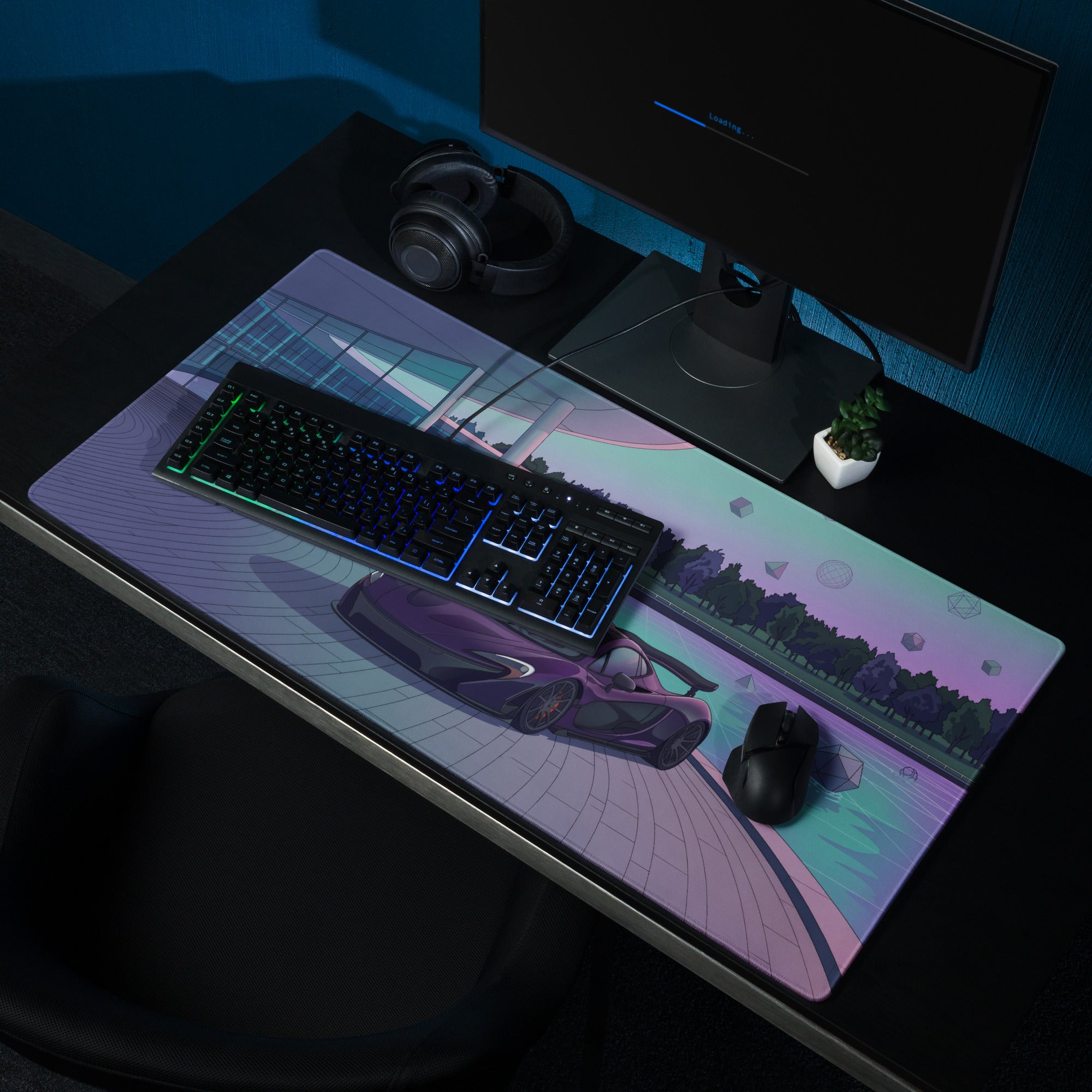 McLaren P1 Inspired Purple Cyan Vaporwave Gaming Mouse Pad – Futuristic Poolside Hypercar Desk Mat with Pastel Neon Geometric Synthwave Art