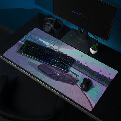 McLaren P1 Inspired Purple Cyan Vaporwave Gaming Mouse Pad – Futuristic Poolside Hypercar Desk Mat with Pastel Neon Geometric Synthwave Art