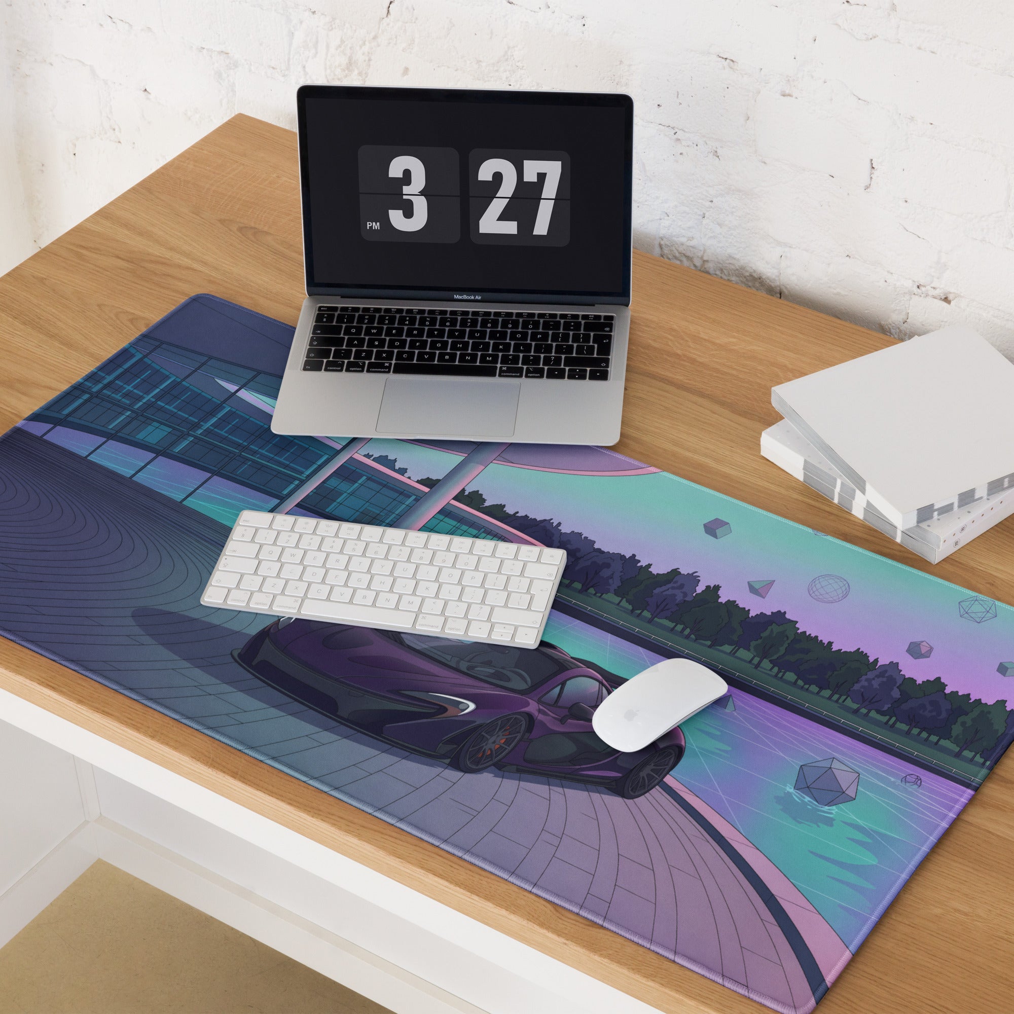 McLaren P1 Inspired Purple Cyan Vaporwave Gaming Mouse Pad – Futuristic Poolside Hypercar Desk Mat with Pastel Neon Geometric Synthwave Art
