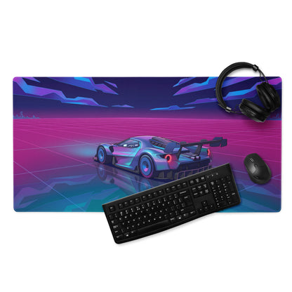 Ford GT Mk IV Inspired Silver Blue Vaporwave Gaming Mouse Pad – Neon Pink Grid Hypercar Desk Mat with Retro Futuristic Synthwave Racing Art