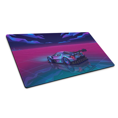 Ford GT Mk IV Inspired Silver Blue Vaporwave Gaming Mouse Pad – Neon Pink Grid Hypercar Desk Mat with Retro Futuristic Synthwave Racing Art