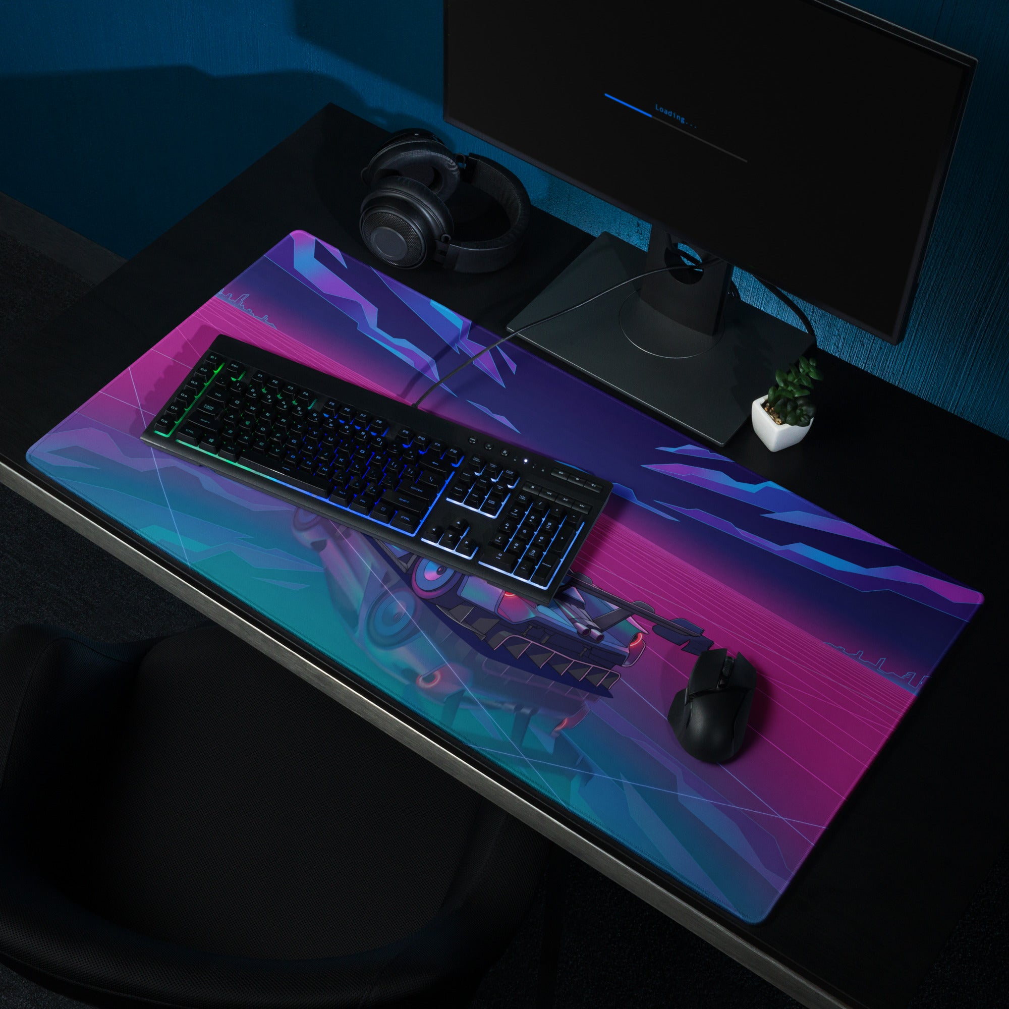 Ford GT Mk IV Inspired Silver Blue Vaporwave Gaming Mouse Pad – Neon Pink Grid Hypercar Desk Mat with Retro Futuristic Synthwave Racing Art