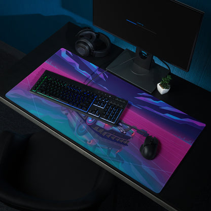 Ford GT Mk IV Inspired Silver Blue Vaporwave Gaming Mouse Pad – Neon Pink Grid Hypercar Desk Mat with Retro Futuristic Synthwave Racing Art