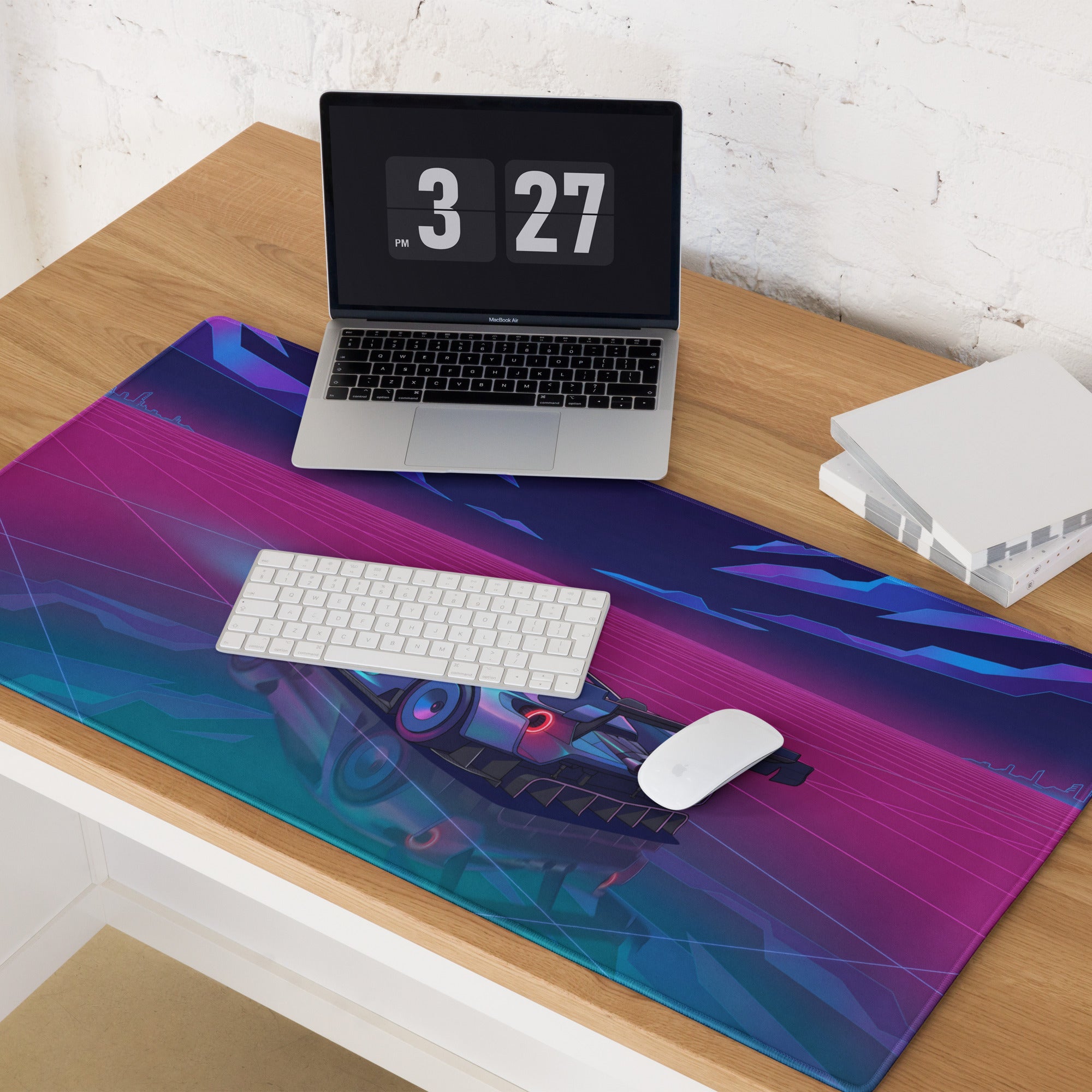 Ford GT Mk IV Inspired Silver Blue Vaporwave Gaming Mouse Pad – Neon Pink Grid Hypercar Desk Mat with Retro Futuristic Synthwave Racing Art
