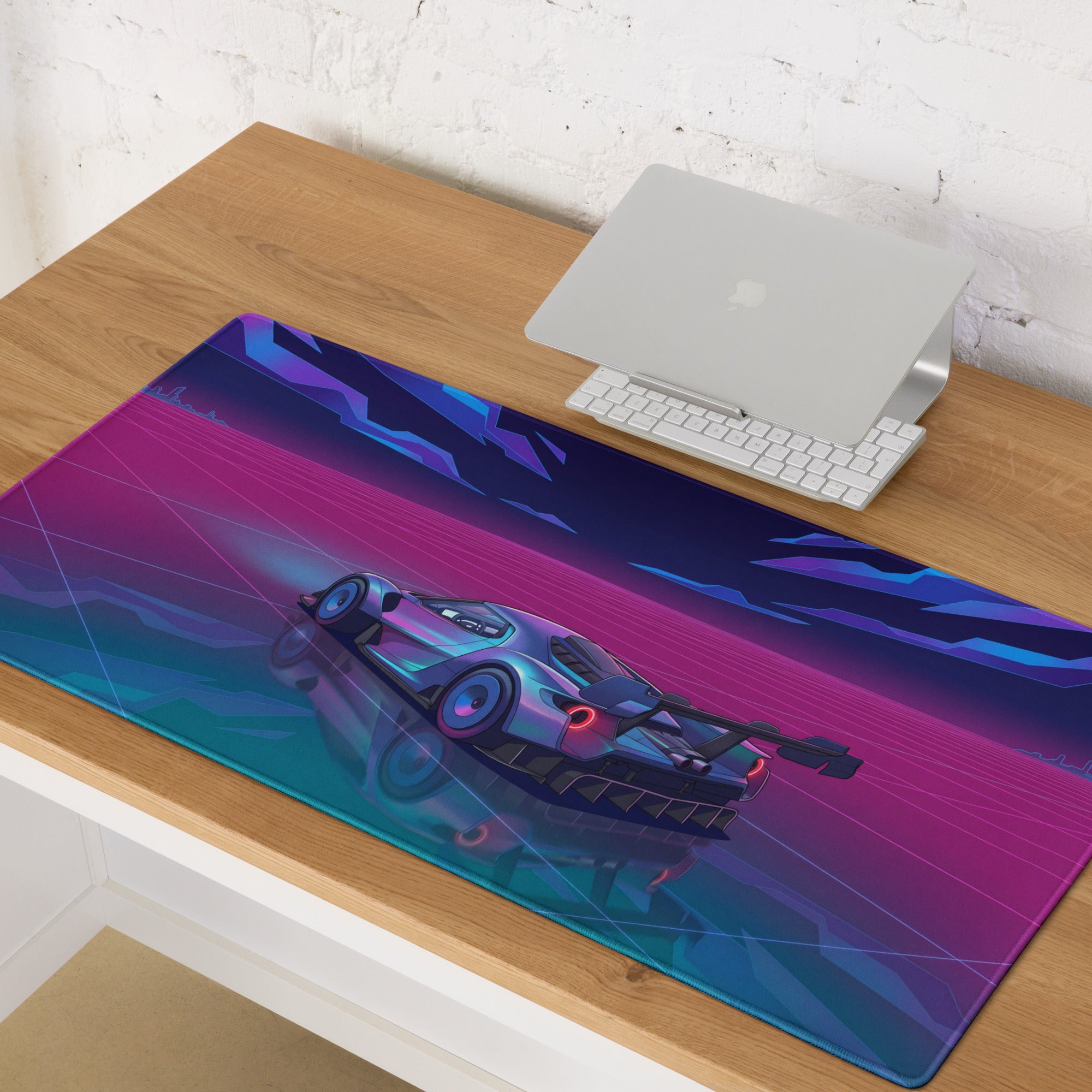 Ford GT Mk IV Inspired Silver Blue Vaporwave Gaming Mouse Pad – Neon Pink Grid Hypercar Desk Mat with Retro Futuristic Synthwave Racing Art