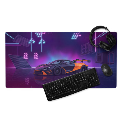 McLaren 720S GT3 Inspired Black Orange Vaporwave Gaming Mouse Pad – Neon Purple Motorsport Desk Mat with Retro Futuristic Synthwave Racing Art