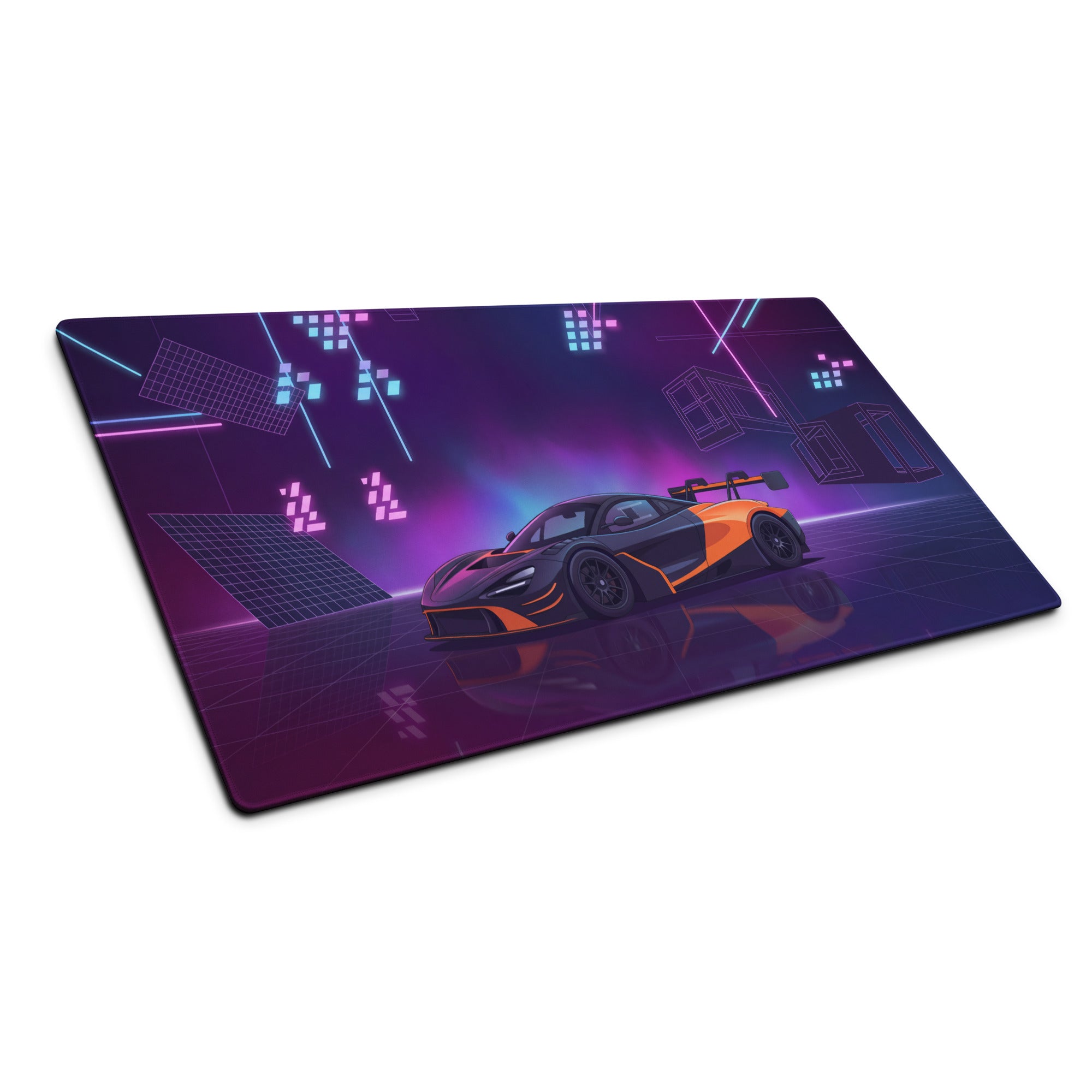 McLaren 720S GT3 Inspired Black Orange Vaporwave Gaming Mouse Pad – Neon Purple Motorsport Desk Mat with Retro Futuristic Synthwave Racing Art