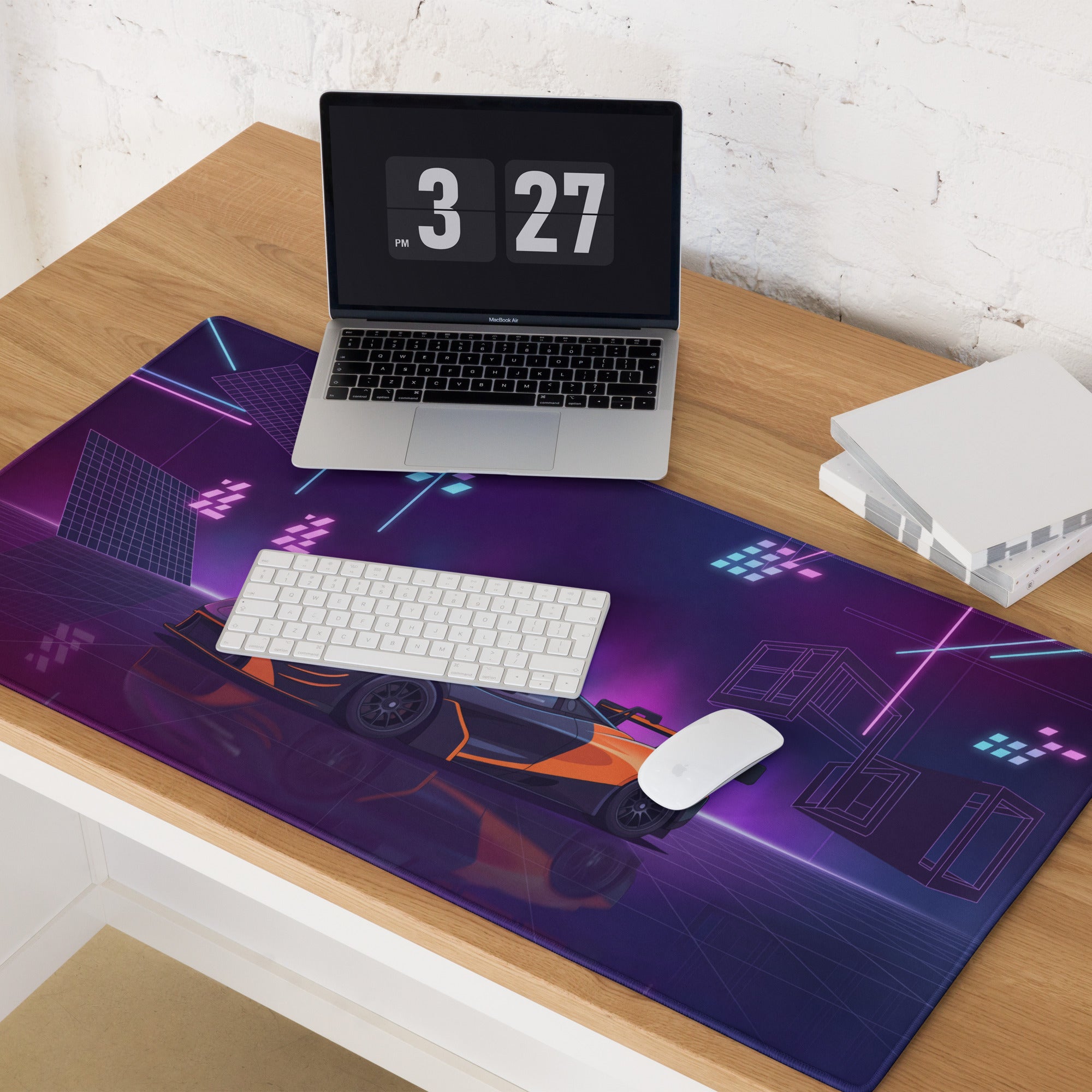 McLaren 720S GT3 Inspired Black Orange Vaporwave Gaming Mouse Pad – Neon Purple Motorsport Desk Mat with Retro Futuristic Synthwave Racing Art