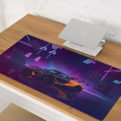 McLaren 720S GT3 Inspired Black Orange Vaporwave Gaming Mouse Pad – Neon Purple Motorsport Desk Mat with Retro Futuristic Synthwave Racing Art