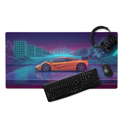 McLaren F1 LM Inspired Orange Vaporwave Gaming Mouse Pad – Neon Cyberpunk City Grid Desk Mat with Retro Futuristic Mountains and Supercar Art