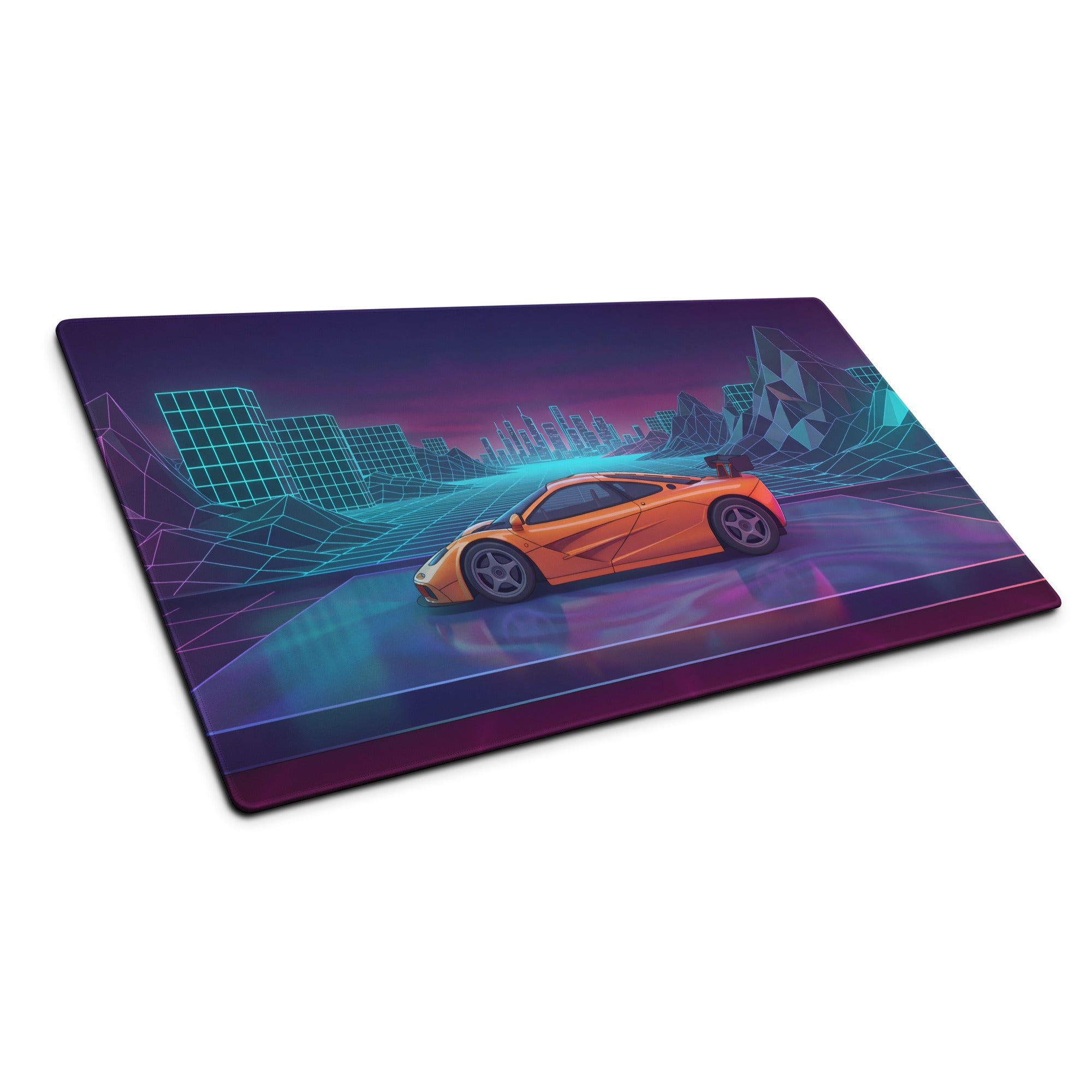 McLaren F1 LM Inspired Orange Vaporwave Gaming Mouse Pad – Neon Cyberpunk City Grid Desk Mat with Retro Futuristic Mountains and Supercar Art