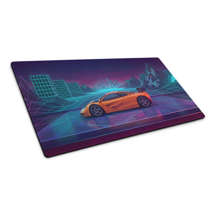 McLaren F1 LM Inspired Orange Vaporwave Gaming Mouse Pad – Neon Cyberpunk City Grid Desk Mat with Retro Futuristic Mountains and Supercar Art