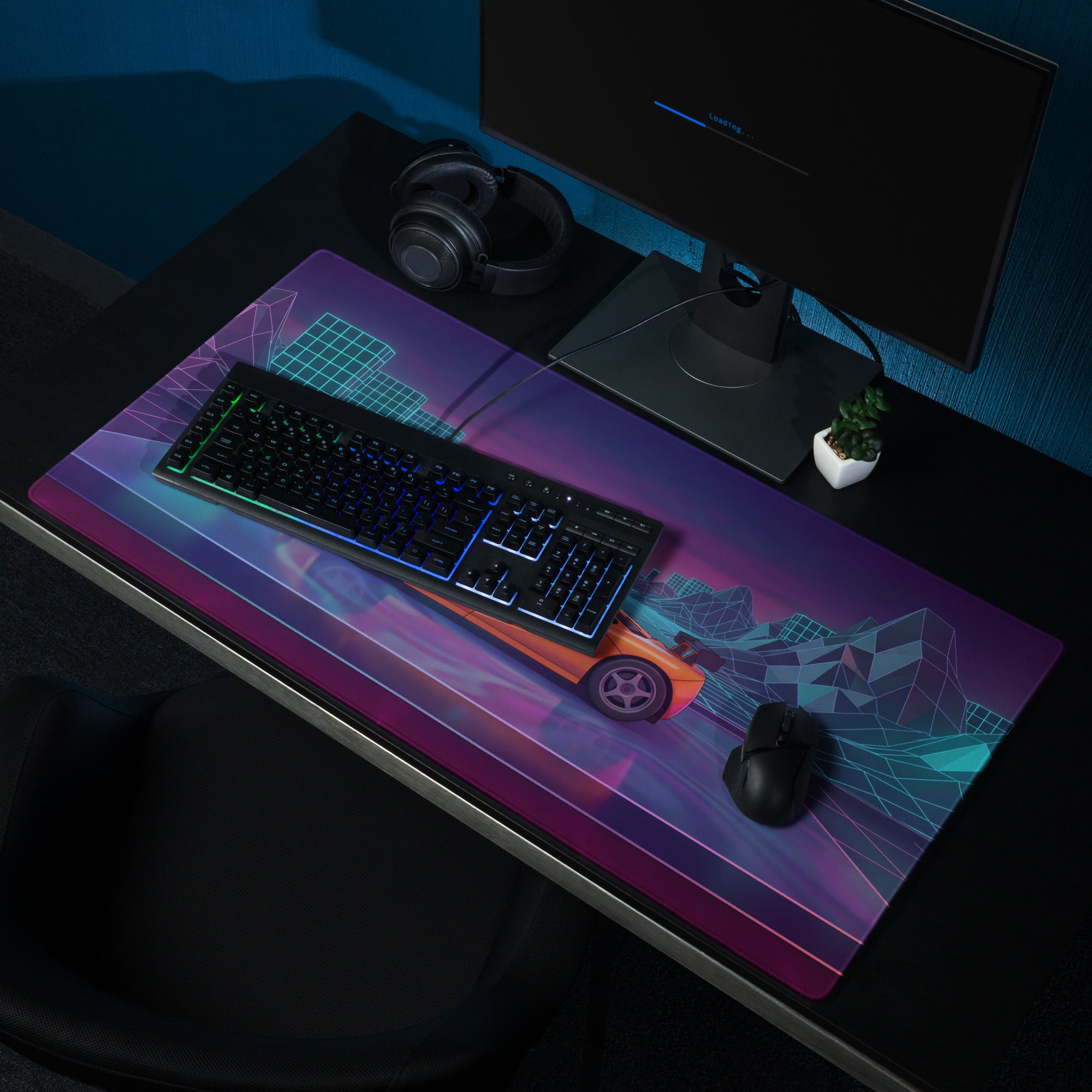 McLaren F1 LM Inspired Orange Vaporwave Gaming Mouse Pad – Neon Cyberpunk City Grid Desk Mat with Retro Futuristic Mountains and Supercar Art