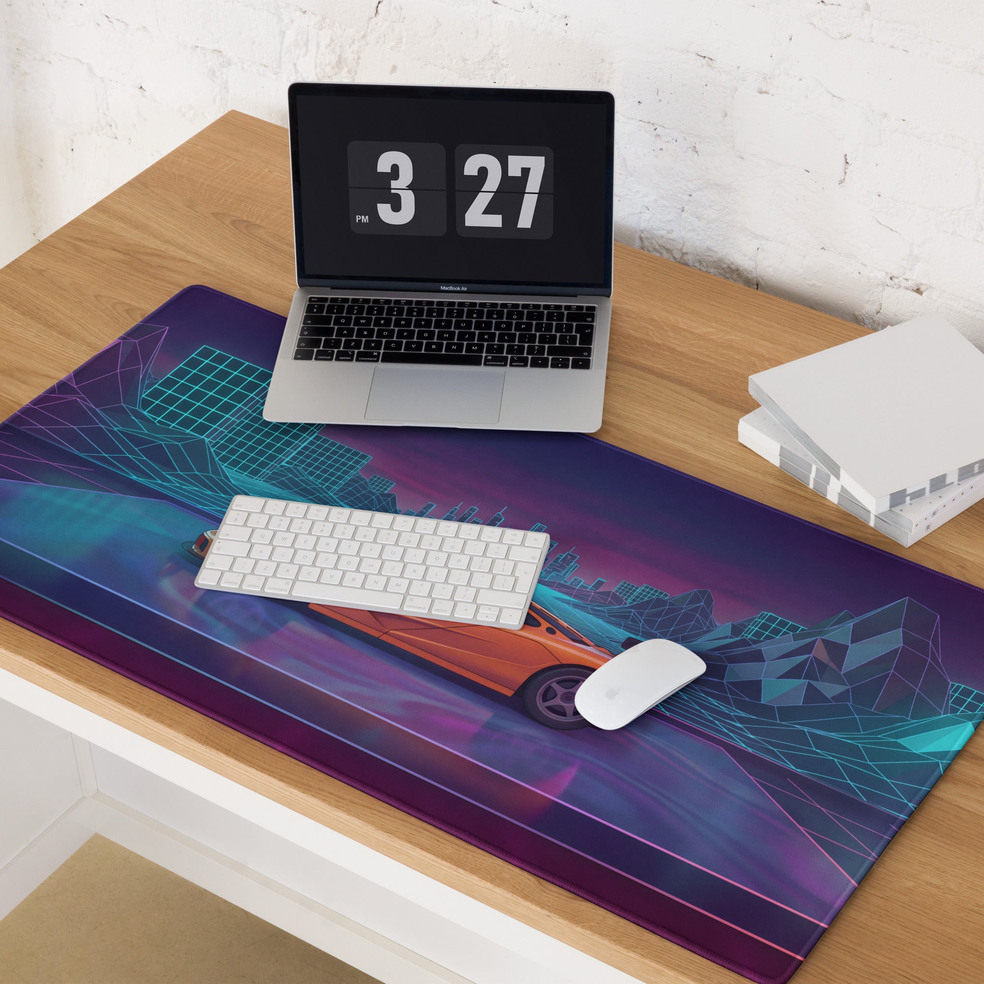 McLaren F1 LM Inspired Orange Vaporwave Gaming Mouse Pad – Neon Cyberpunk City Grid Desk Mat with Retro Futuristic Mountains and Supercar Art