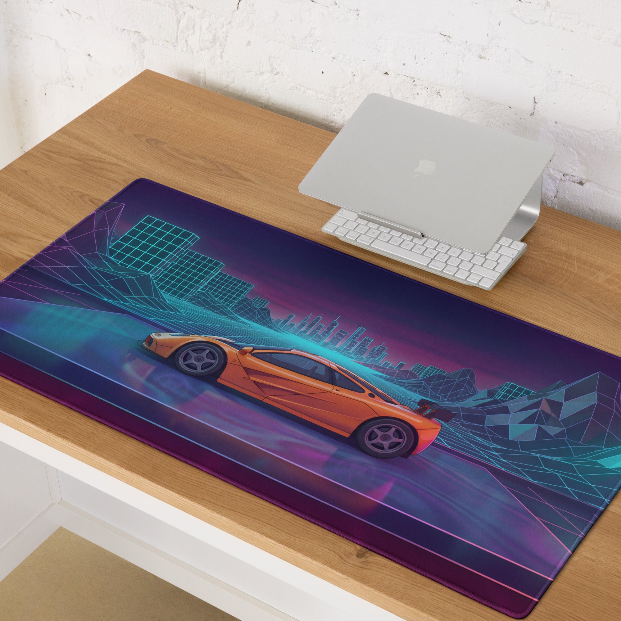 McLaren F1 LM Inspired Orange Vaporwave Gaming Mouse Pad – Neon Cyberpunk City Grid Desk Mat with Retro Futuristic Mountains and Supercar Art