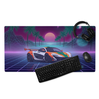 McLaren P1 GTR Inspired Orange White Vaporwave Gaming Mouse Pad – Neon Retro Futuristic Grid Desk Mat with Palm Trees and Synthwave Supercar Art