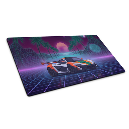 McLaren P1 GTR Inspired Orange White Vaporwave Gaming Mouse Pad – Neon Retro Futuristic Grid Desk Mat with Palm Trees and Synthwave Supercar Art