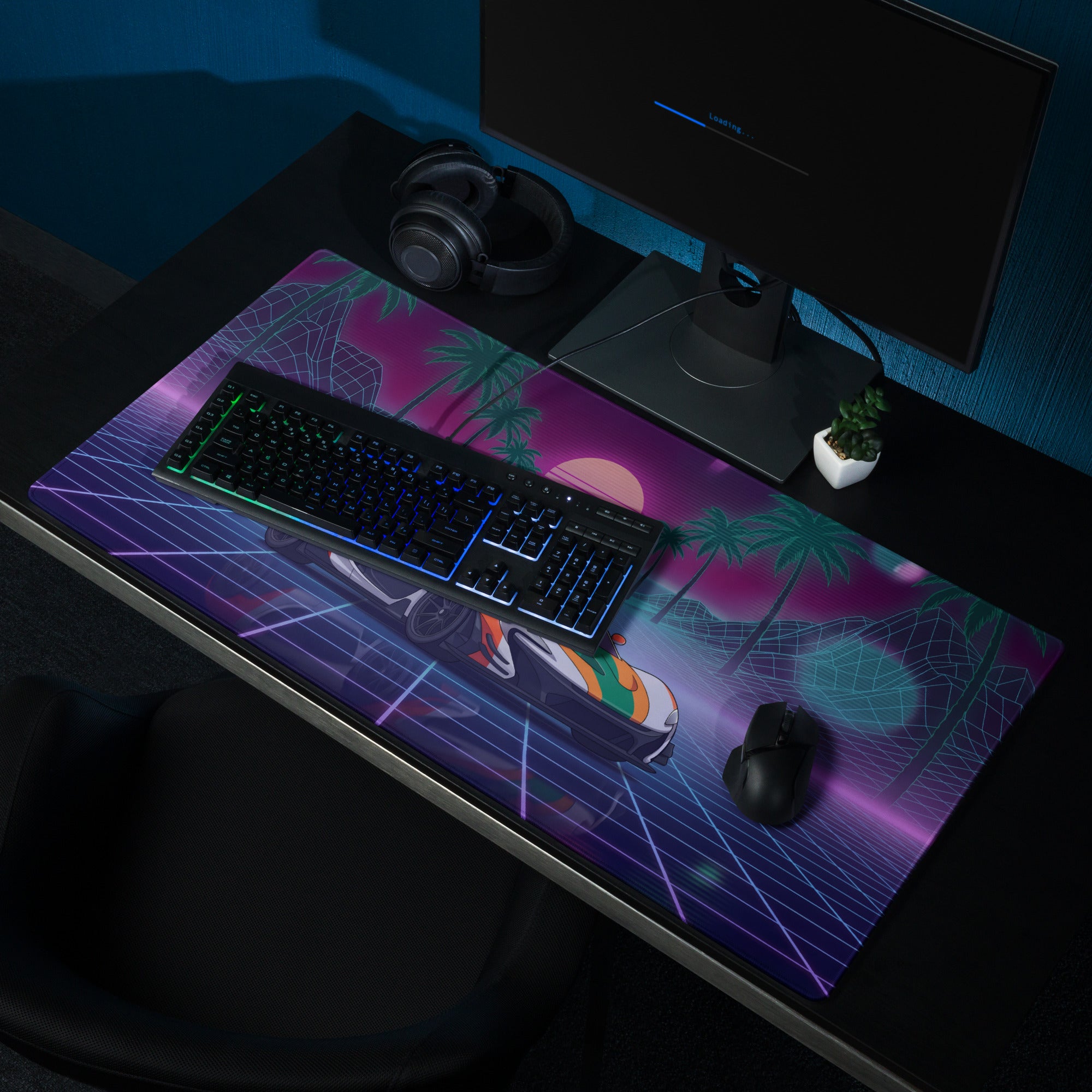 McLaren P1 GTR Inspired Orange White Vaporwave Gaming Mouse Pad – Neon Retro Futuristic Grid Desk Mat with Palm Trees and Synthwave Supercar Art