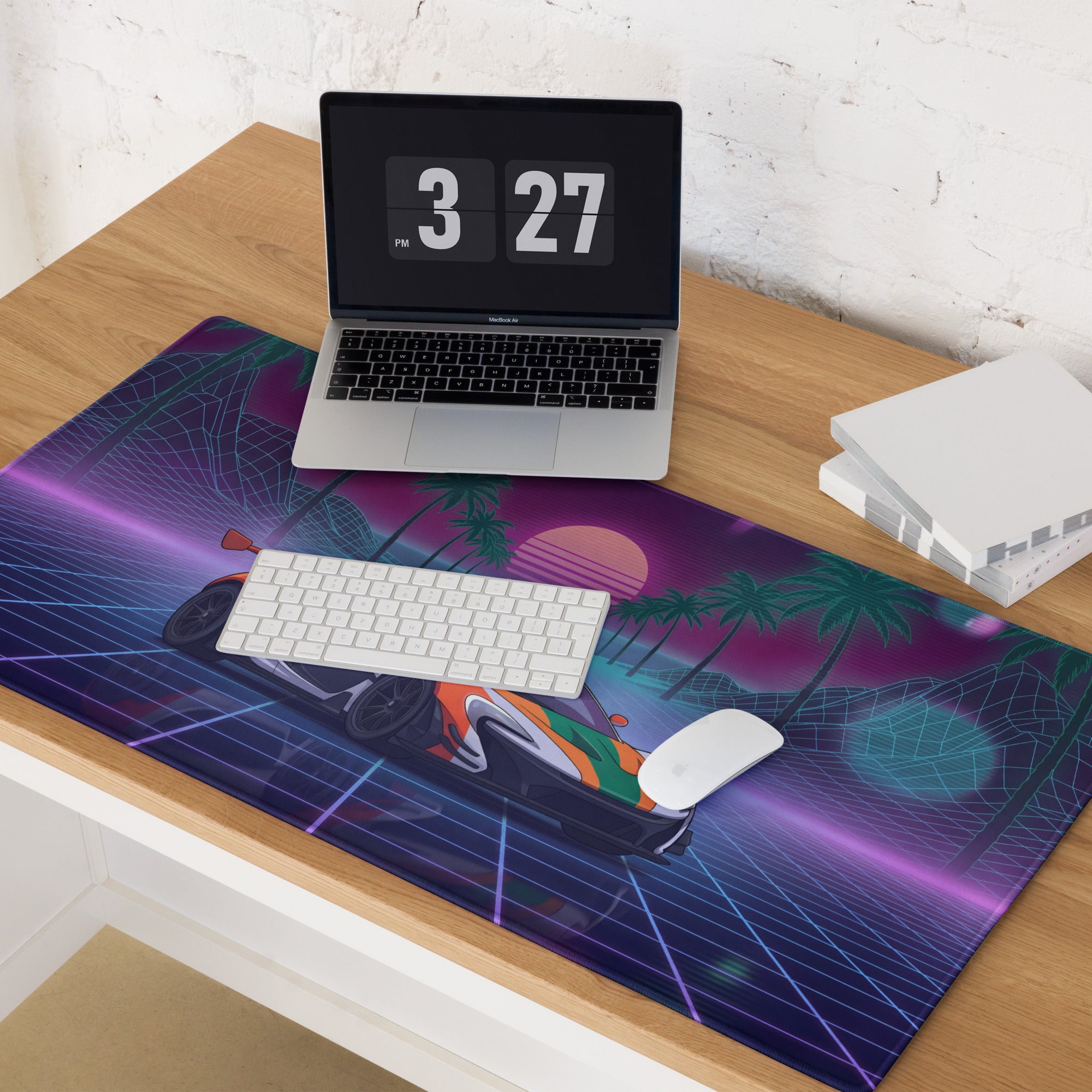 McLaren P1 GTR Inspired Orange White Vaporwave Gaming Mouse Pad – Neon Retro Futuristic Grid Desk Mat with Palm Trees and Synthwave Supercar Art