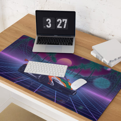 McLaren P1 GTR Inspired Orange White Vaporwave Gaming Mouse Pad – Neon Retro Futuristic Grid Desk Mat with Palm Trees and Synthwave Supercar Art