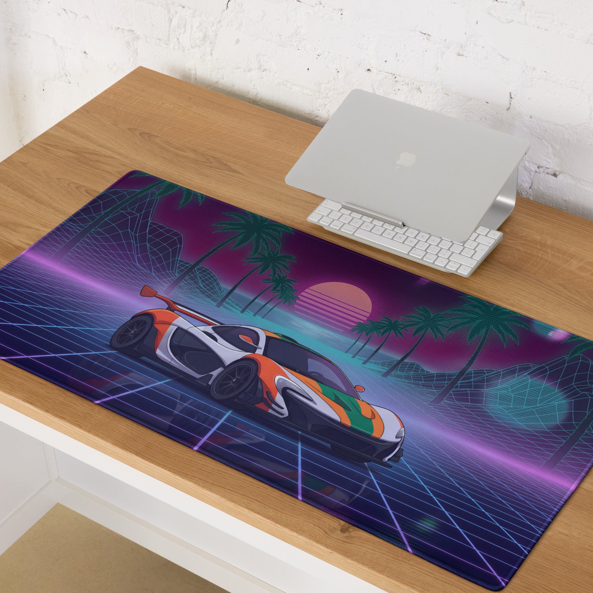McLaren P1 GTR Inspired Orange White Vaporwave Gaming Mouse Pad – Neon Retro Futuristic Grid Desk Mat with Palm Trees and Synthwave Supercar Art