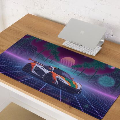 McLaren P1 GTR Inspired Orange White Vaporwave Gaming Mouse Pad – Neon Retro Futuristic Grid Desk Mat with Palm Trees and Synthwave Supercar Art