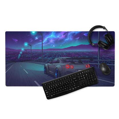 Nissan GT-R R35 Inspired Gray Blue Vaporwave Gaming Mouse Pad – Neon Cosmic Highway Desk Mat with Futuristic Anime JDM Motorsport Art