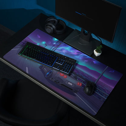 Nissan GT-R R35 Inspired Gray Blue Vaporwave Gaming Mouse Pad – Neon Cosmic Highway Desk Mat with Futuristic Anime JDM Motorsport Art