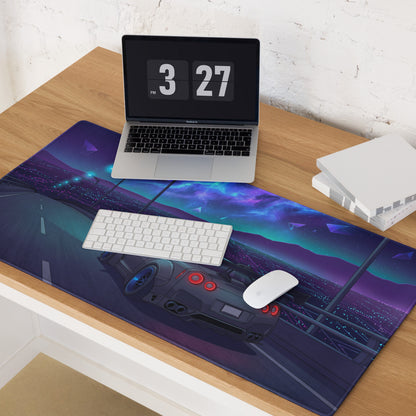 Nissan GT-R R35 Inspired Gray Blue Vaporwave Gaming Mouse Pad – Neon Cosmic Highway Desk Mat with Futuristic Anime JDM Motorsport Art